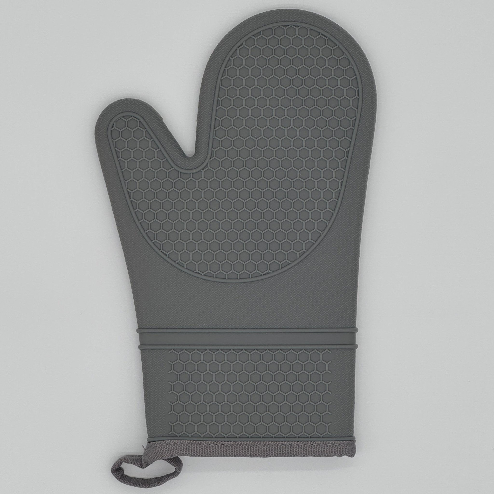 Gant de cuisine en silicone gris avec intérieur coton isolant pour manipuler plats chauds et cocottes fonte en toute sécurité