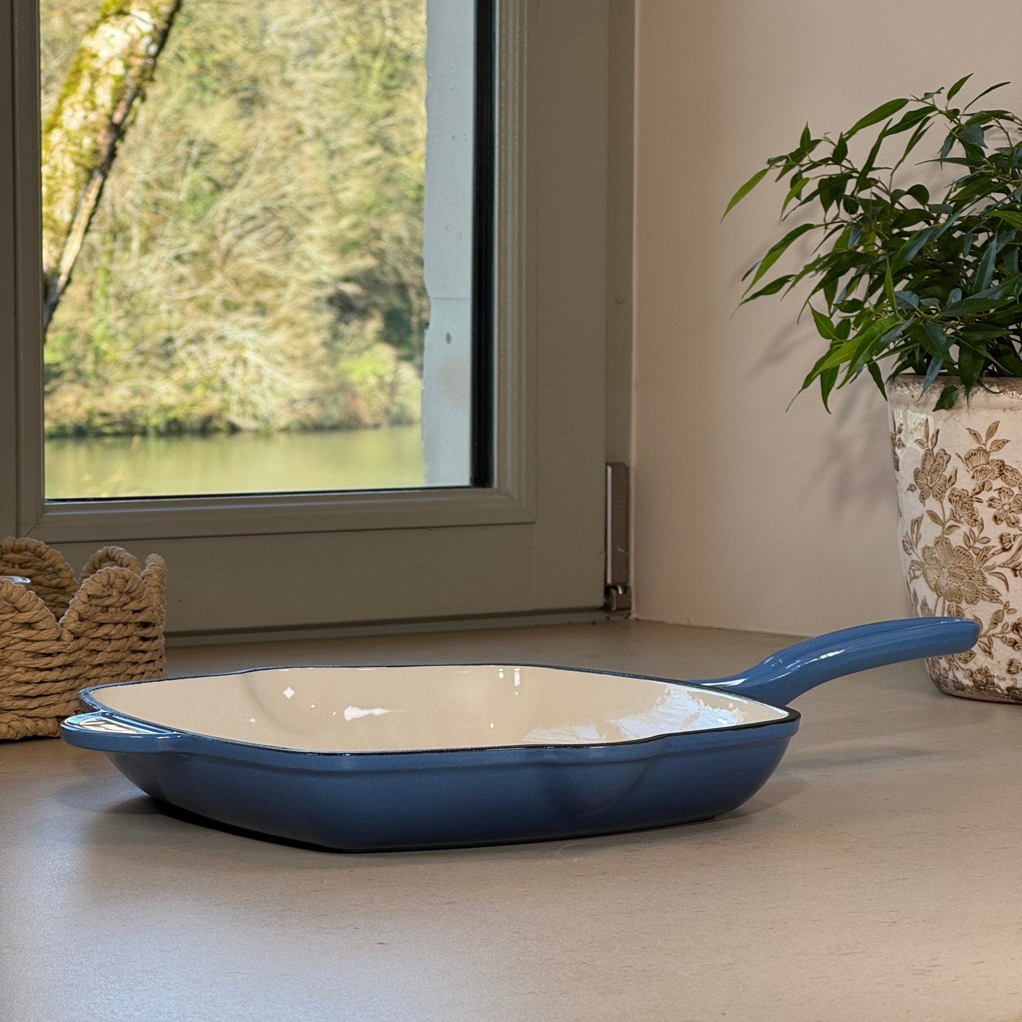 Grill carré en fonte émaillée bleu perle