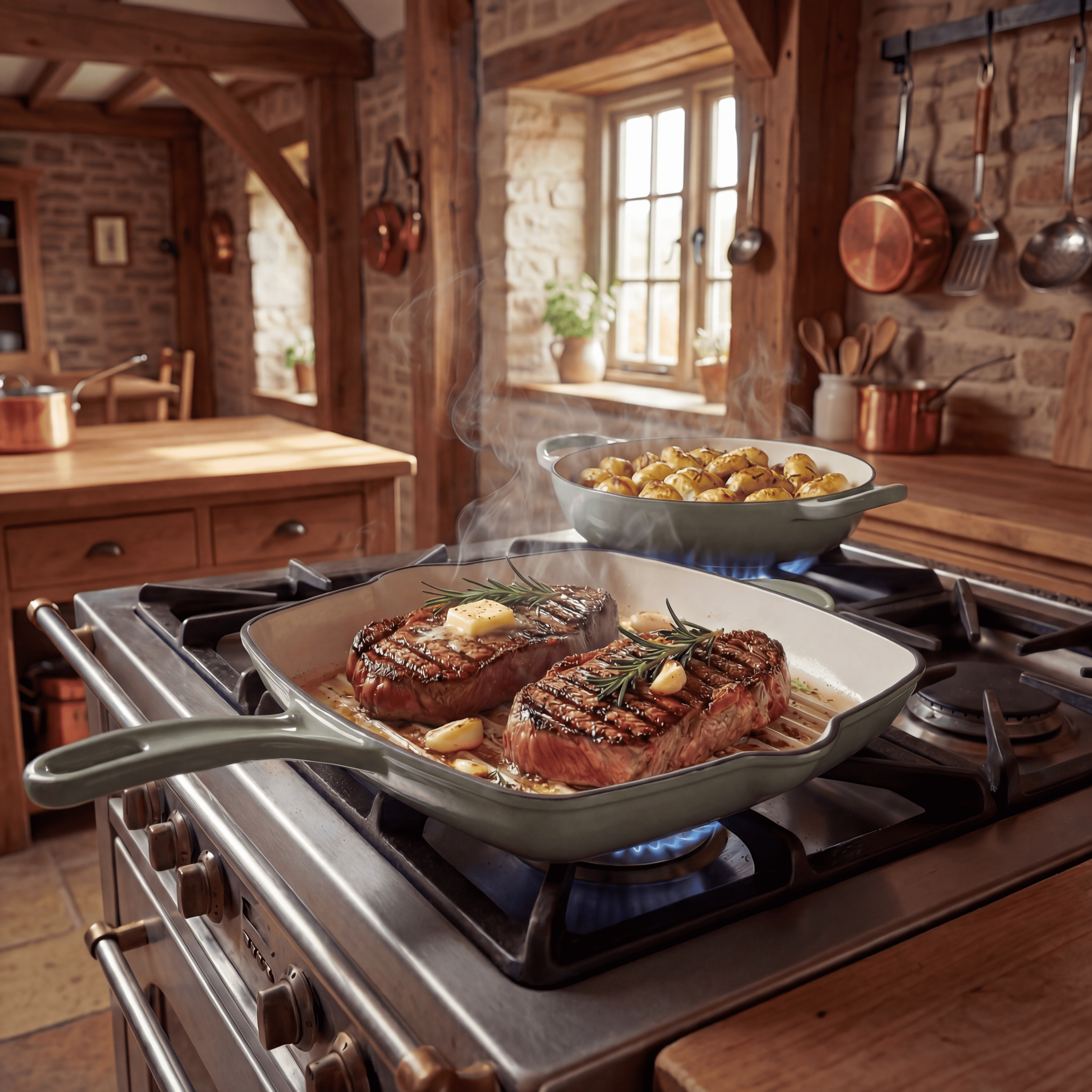 Grill en fonte émaillée sur feu gaz permettant une saisie parfaite des viandes, une cuisson homogène et des marques de grill authentiques