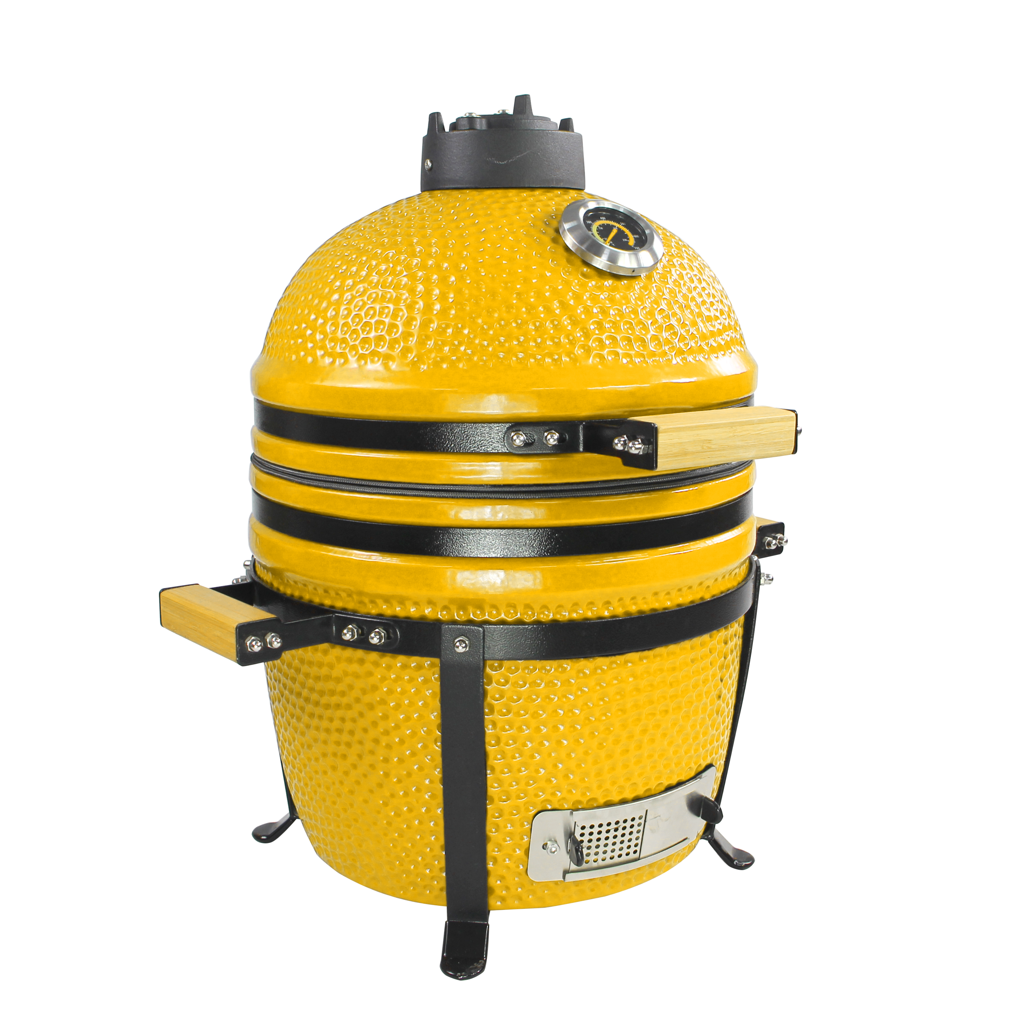 Barbecue kamado jaune 15 pouces fermé en céramique avec poignées en bois et thermomètre intégré.