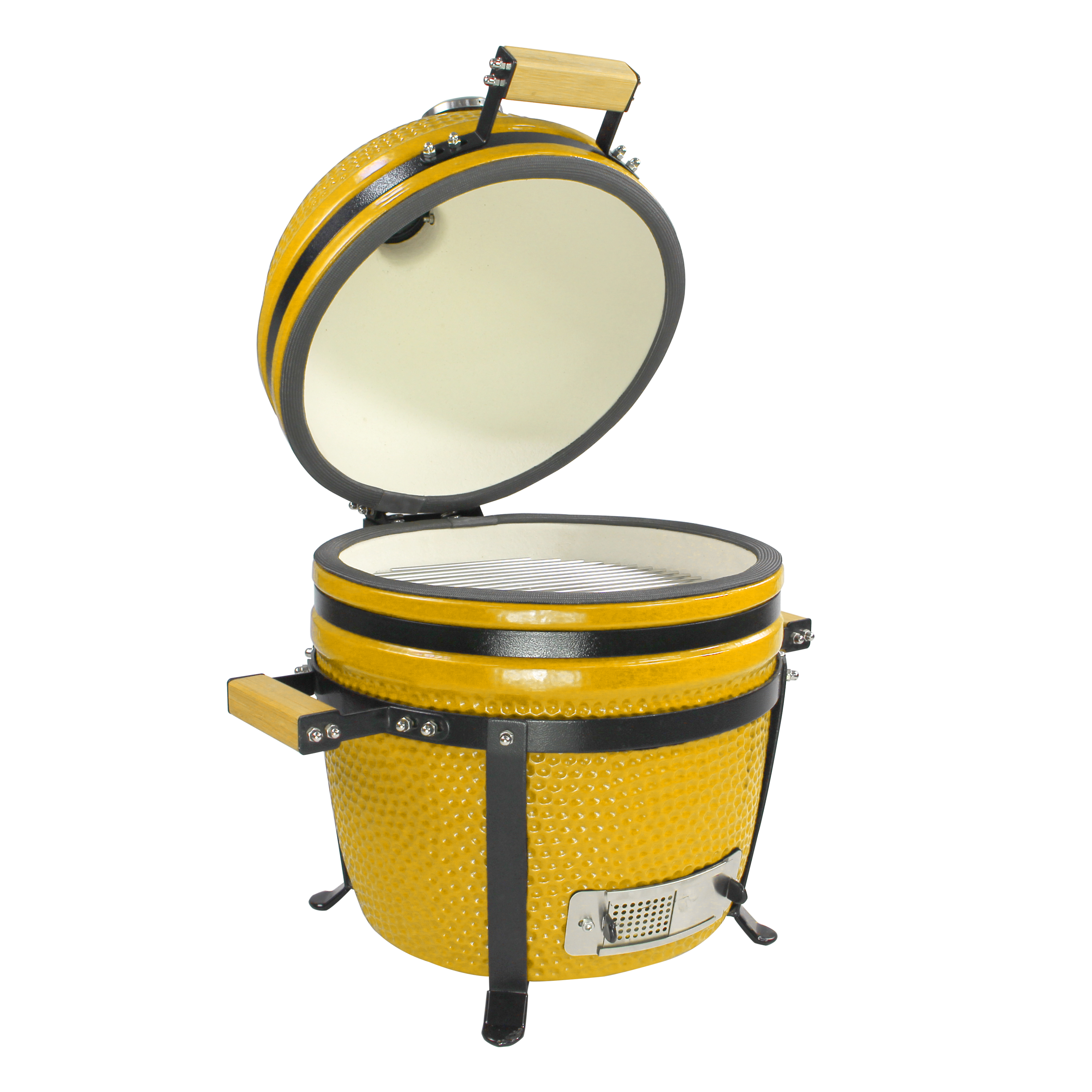 Barbecue kamado jaune 15 pouces ouvert avec grille de cuisson en céramique vue 3-4.