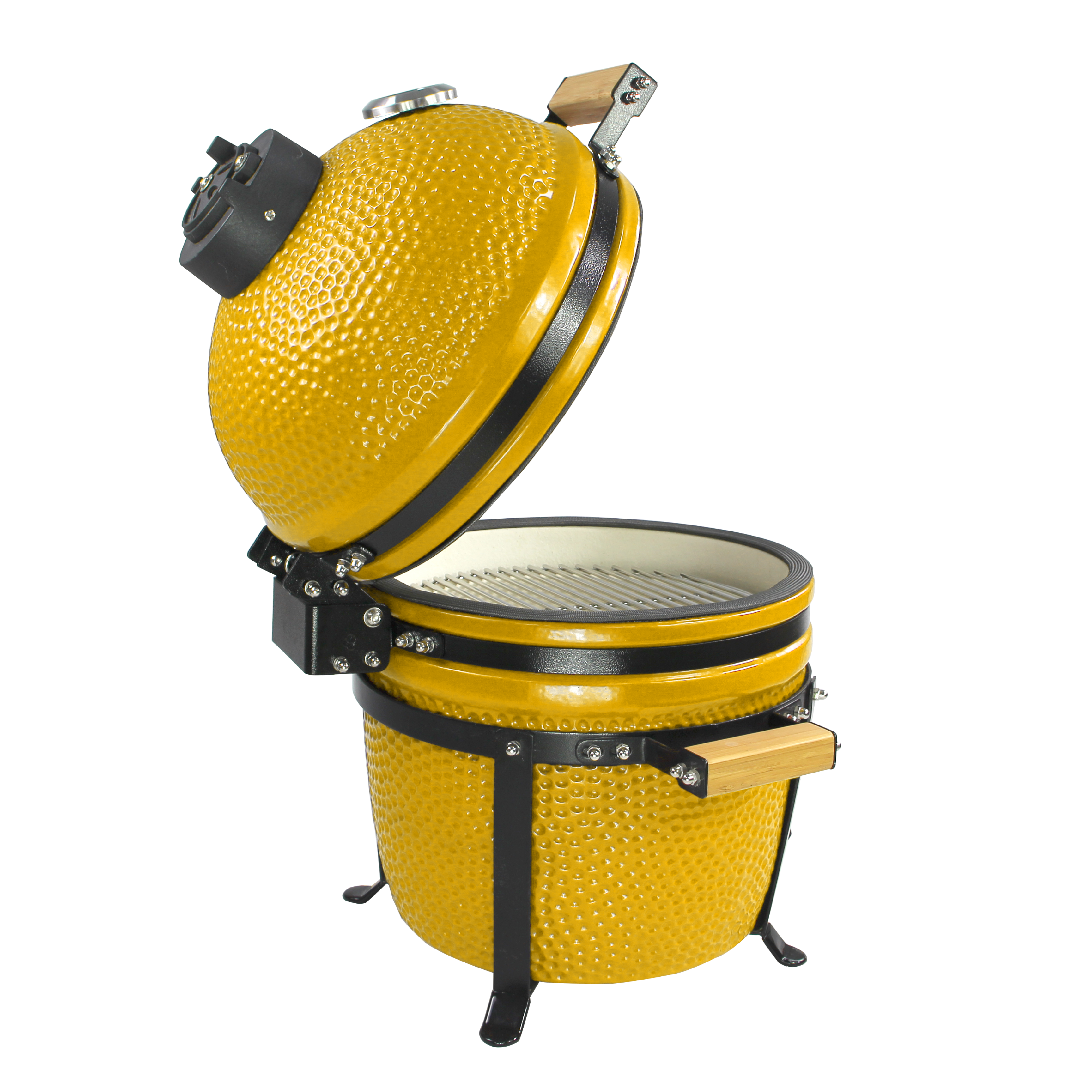 Kamado barbecue jaune en céramique ouvert vue latérale avec grille de cuisson.