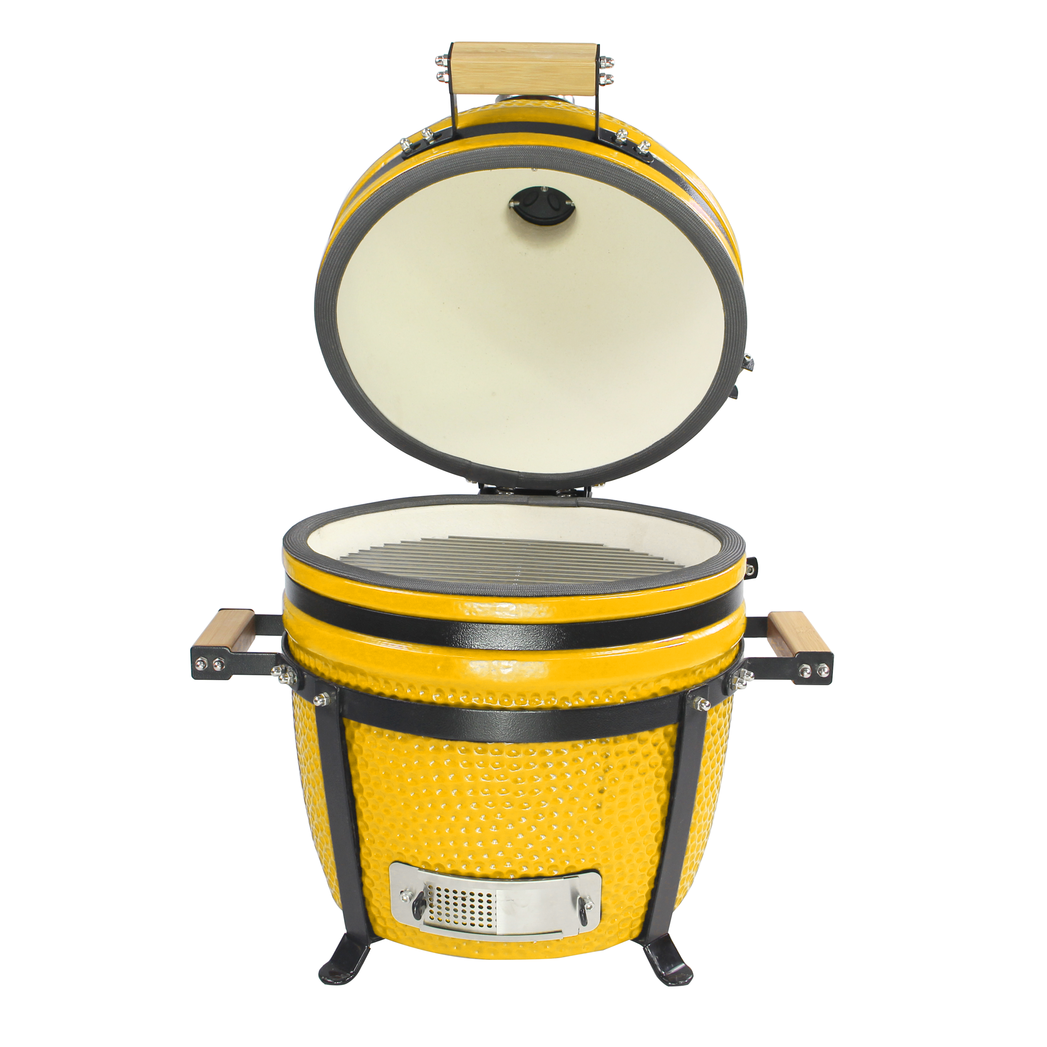 Petit barbecue kamado jaune 15 pouces ouvert vue avant avec grille intérieure visible.