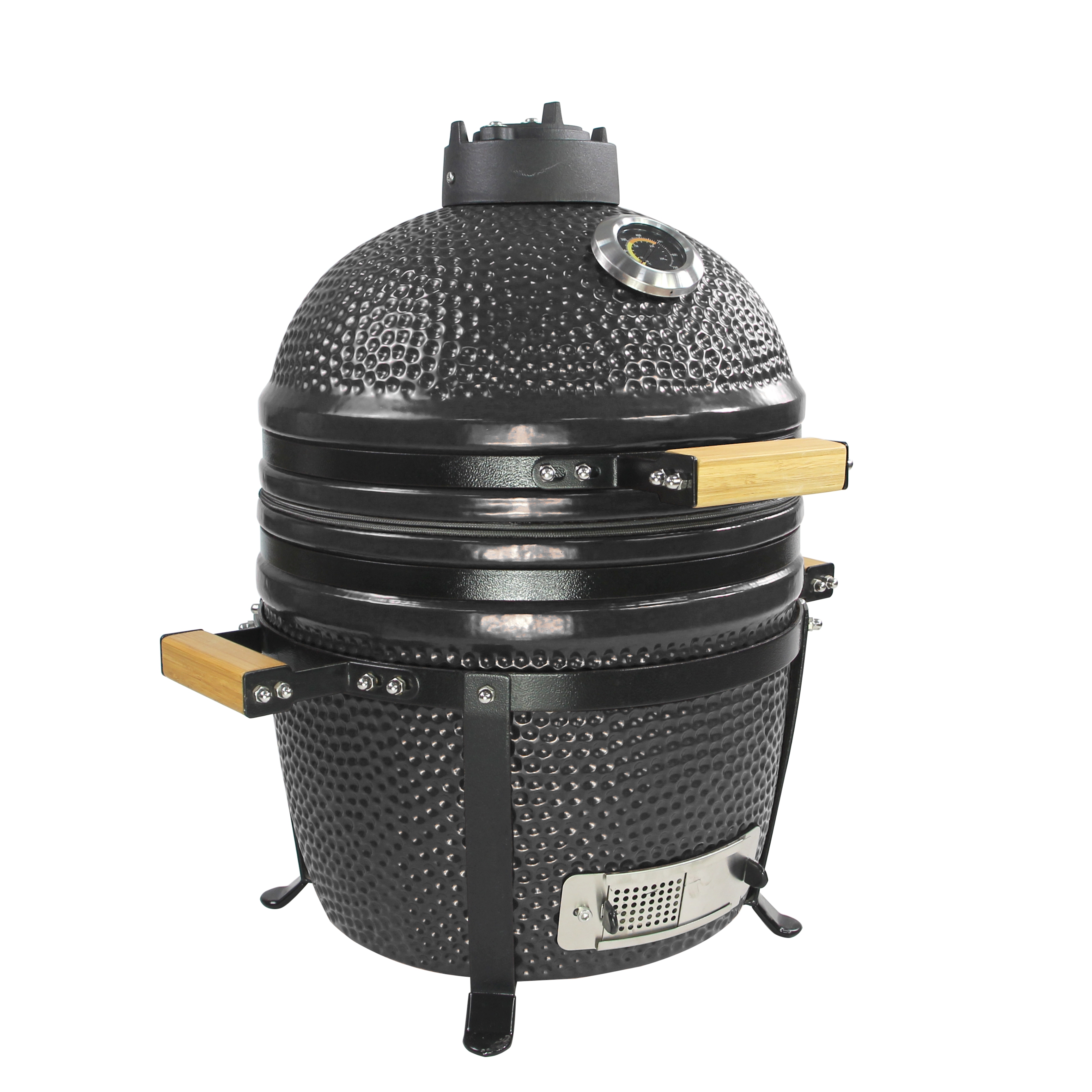 Barbecue kamado noir 15 pouces fermé en céramique avec poignées en bois et thermomètre intégré.