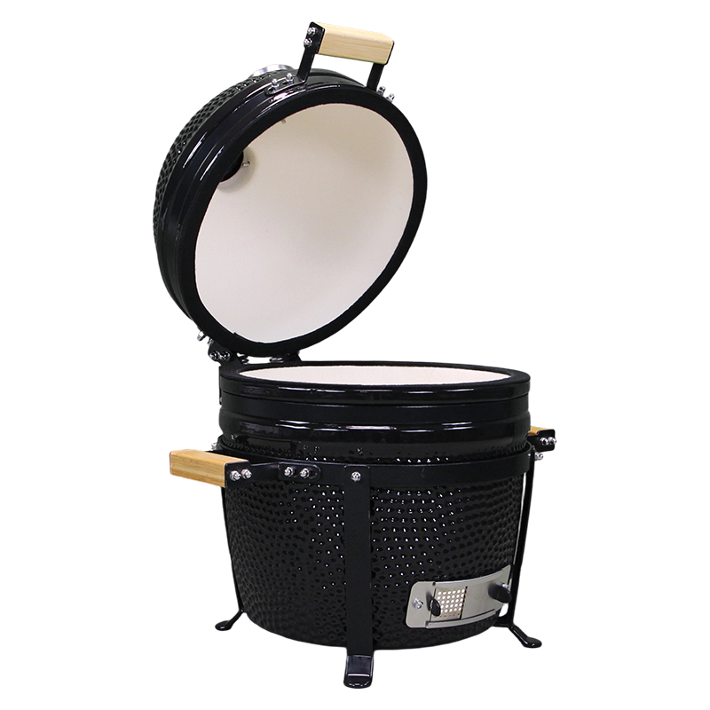 Barbecue kamado noir 15 pouces ouvert avec grille de cuisson en céramique vue 3-4.
