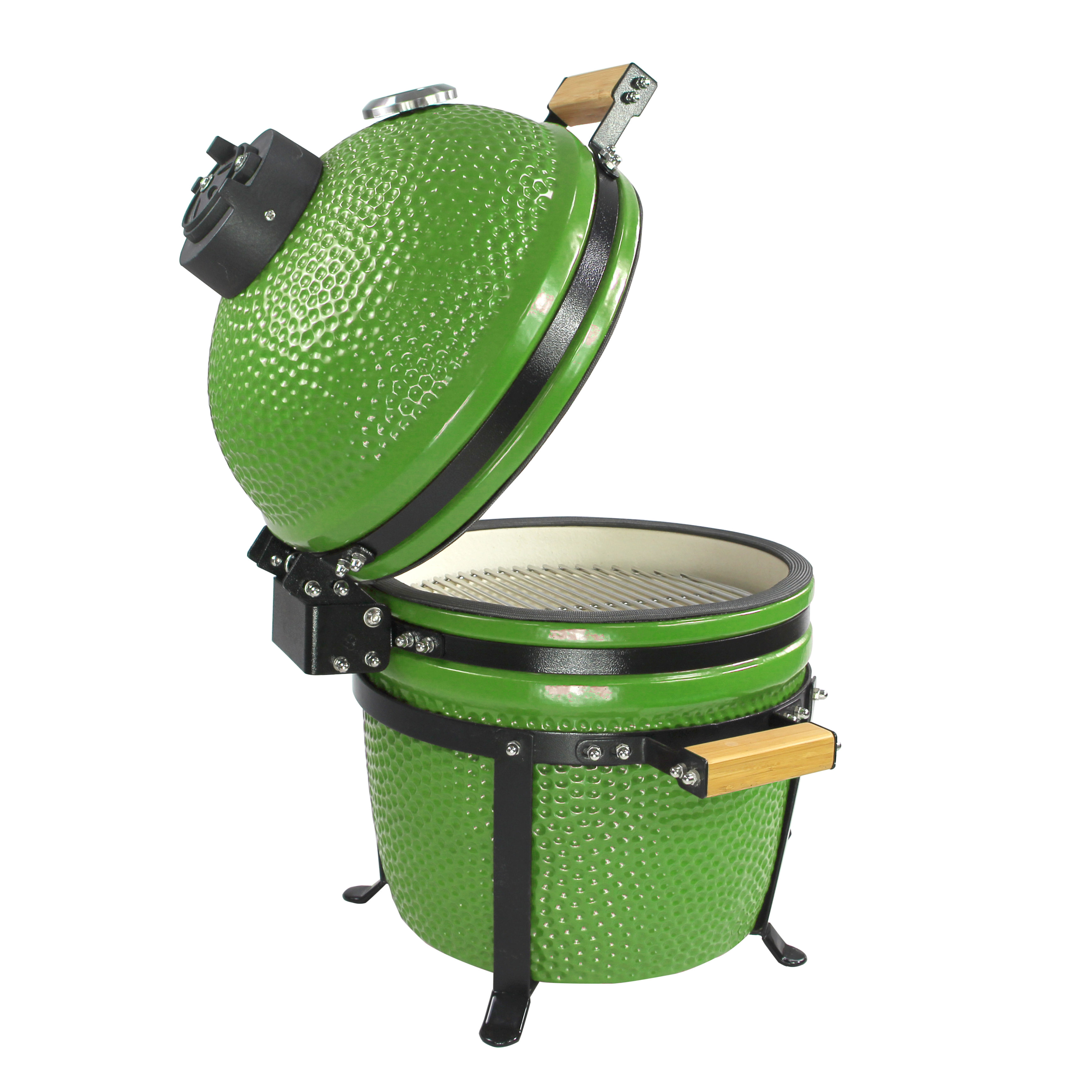 Kamado barbecue vert en céramique ouvert vue latérale avec grille de cuisson.