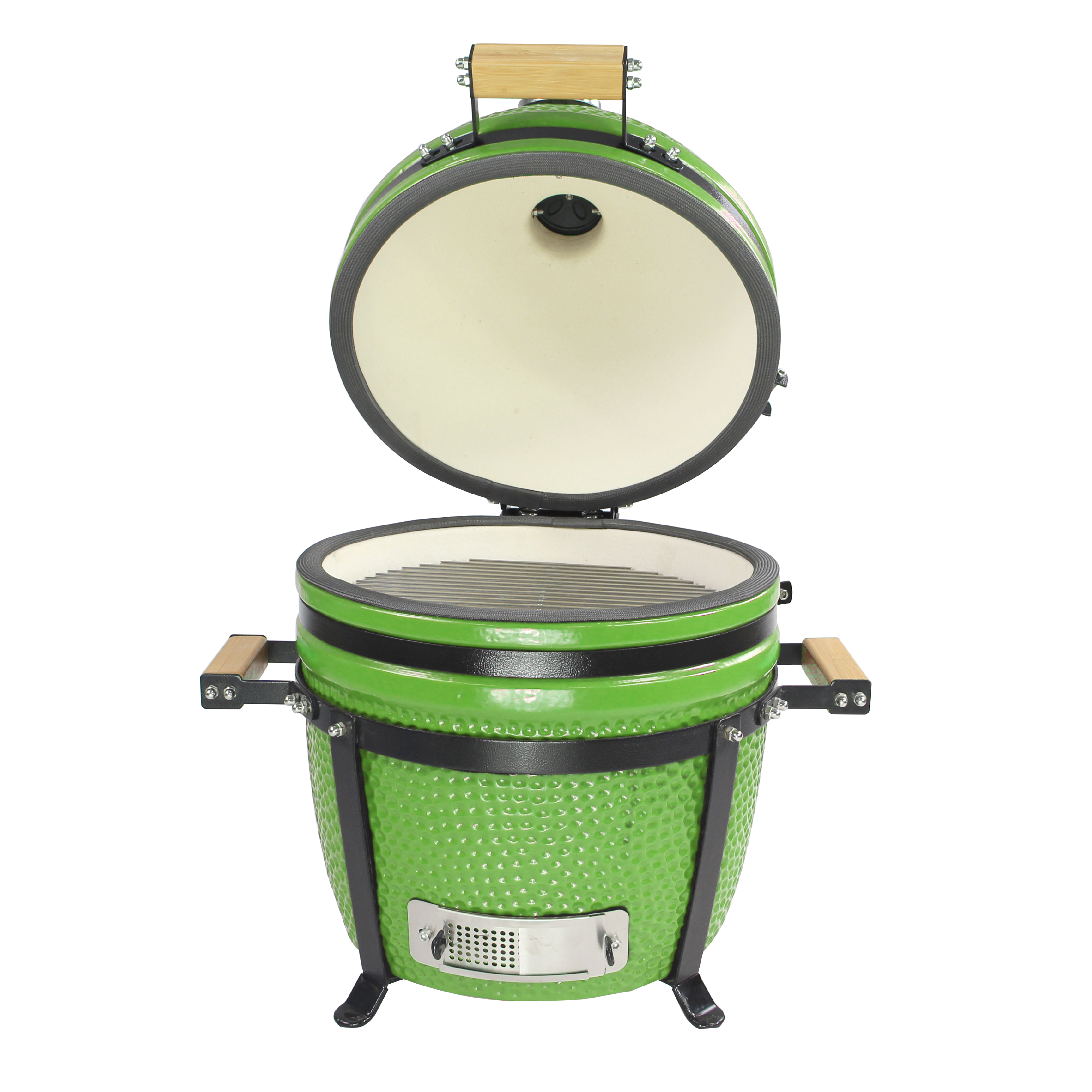 Petit barbecue kamado vert 15 pouces ouvert vue avant avec grille intérieure visible.