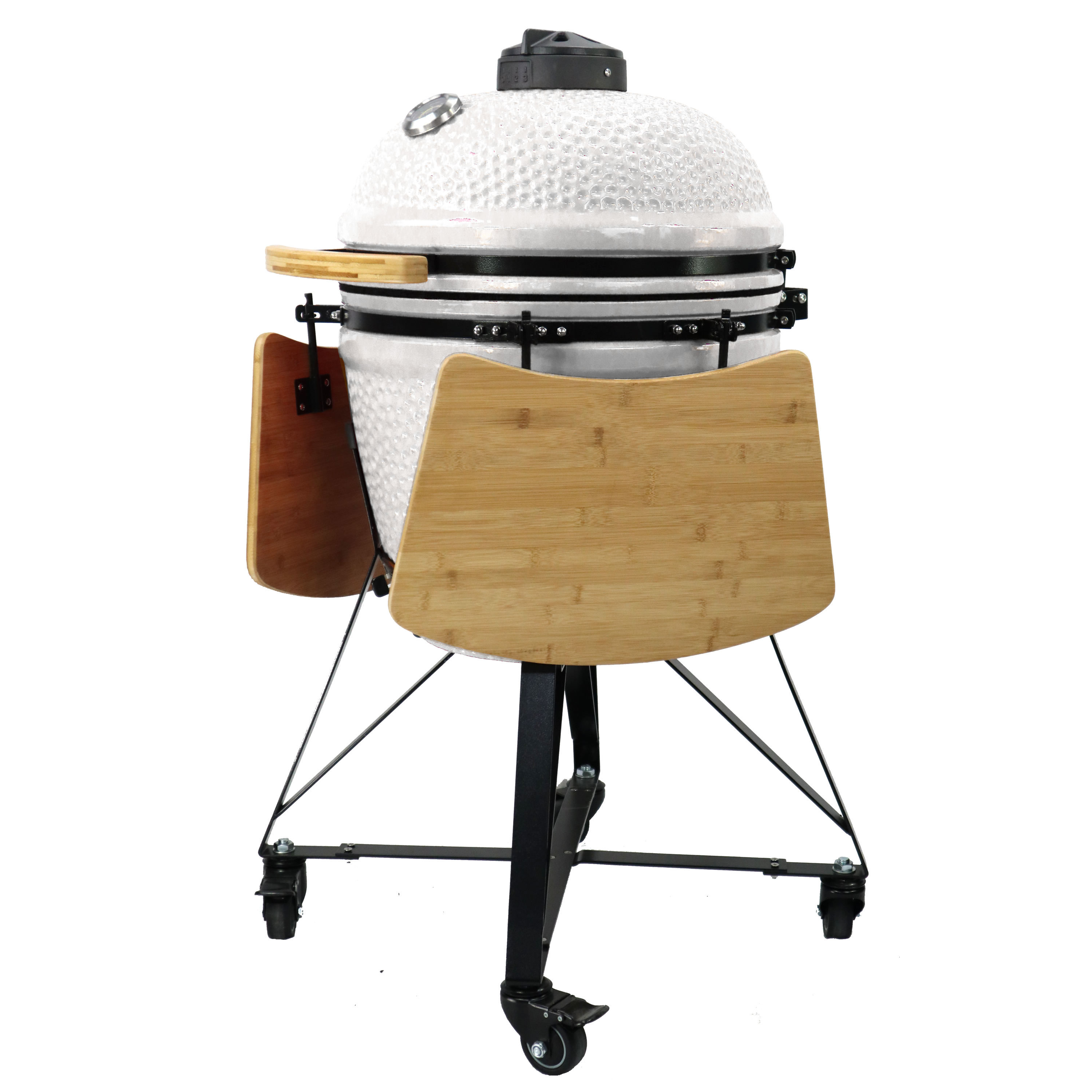 Barbecue kamado 21 pouces blanc en céramique avec tablettes latérales rabattables et chariot sur roulettes