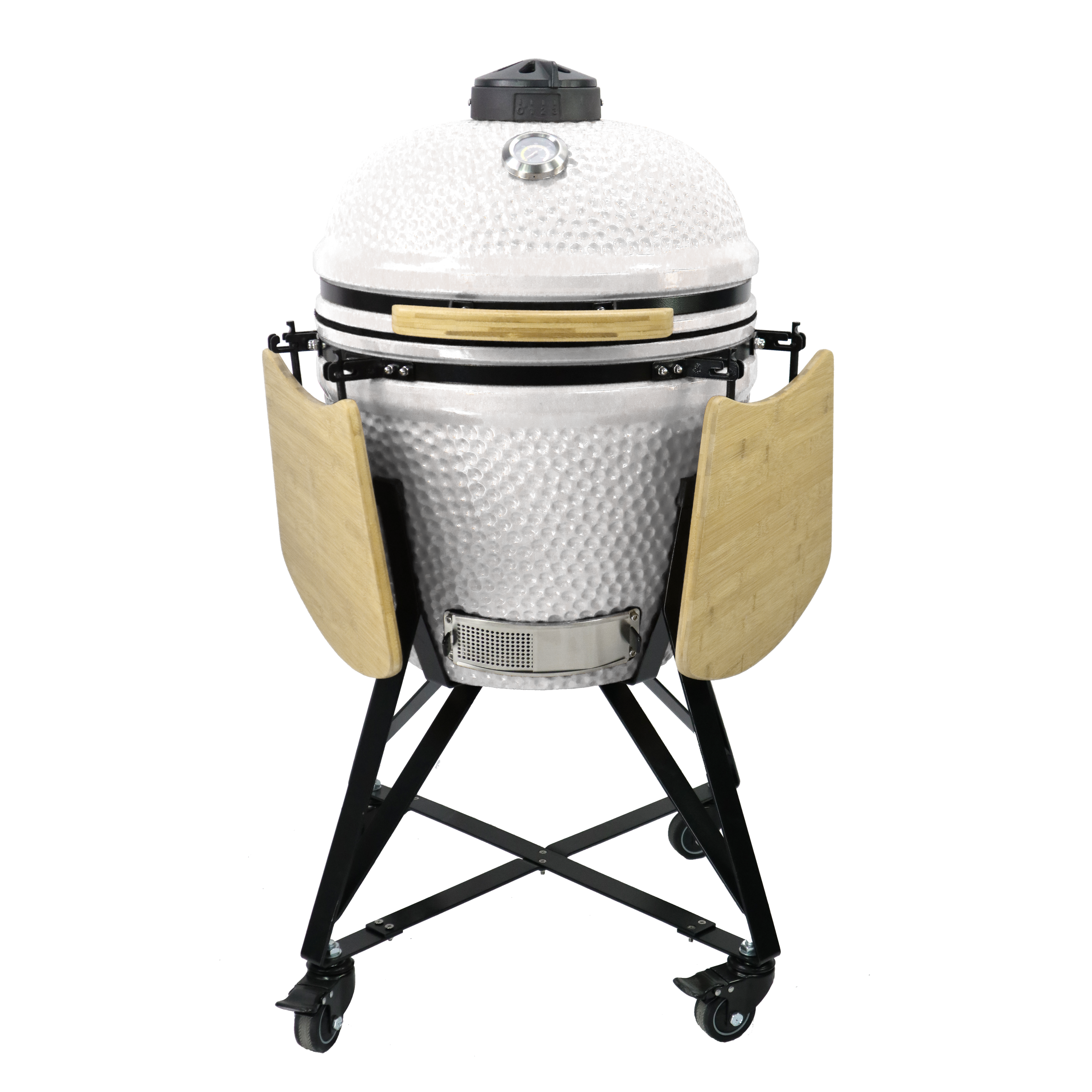 Kamado grill blanc 21 pouces fermé avec poignée en bambou et support mobile pour cuisson au charbon