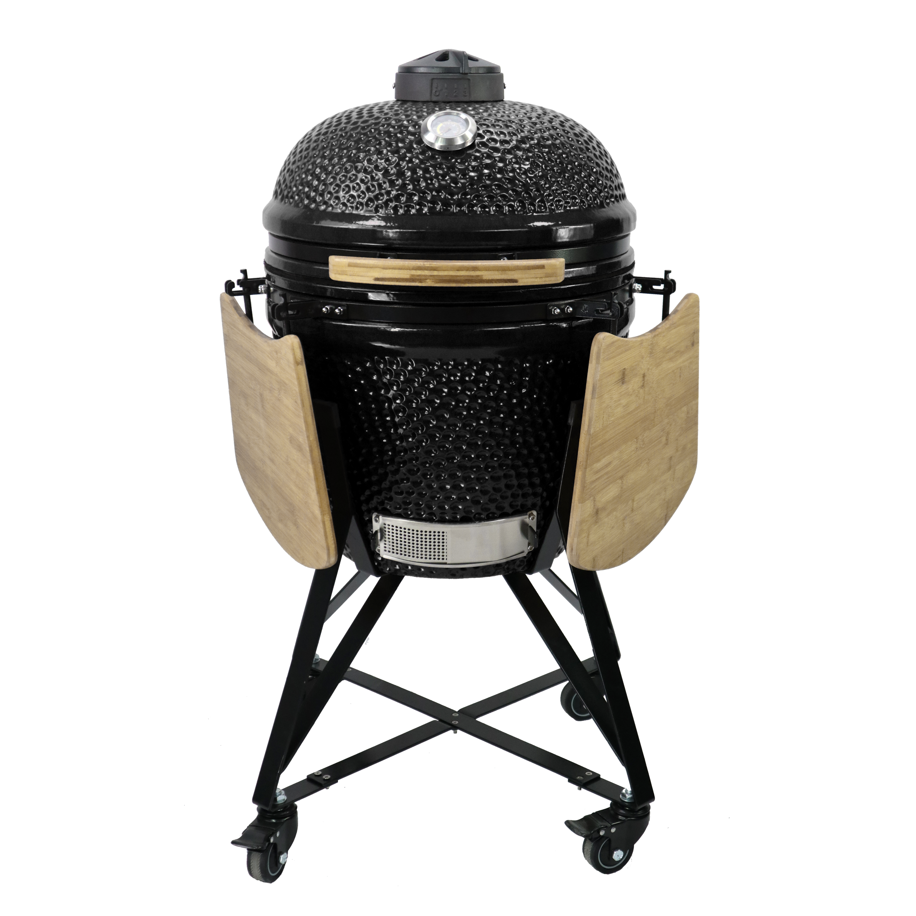 Kamado grill noir 21 pouces fermé avec poignée en bambou et support mobile pour cuisson au charbon