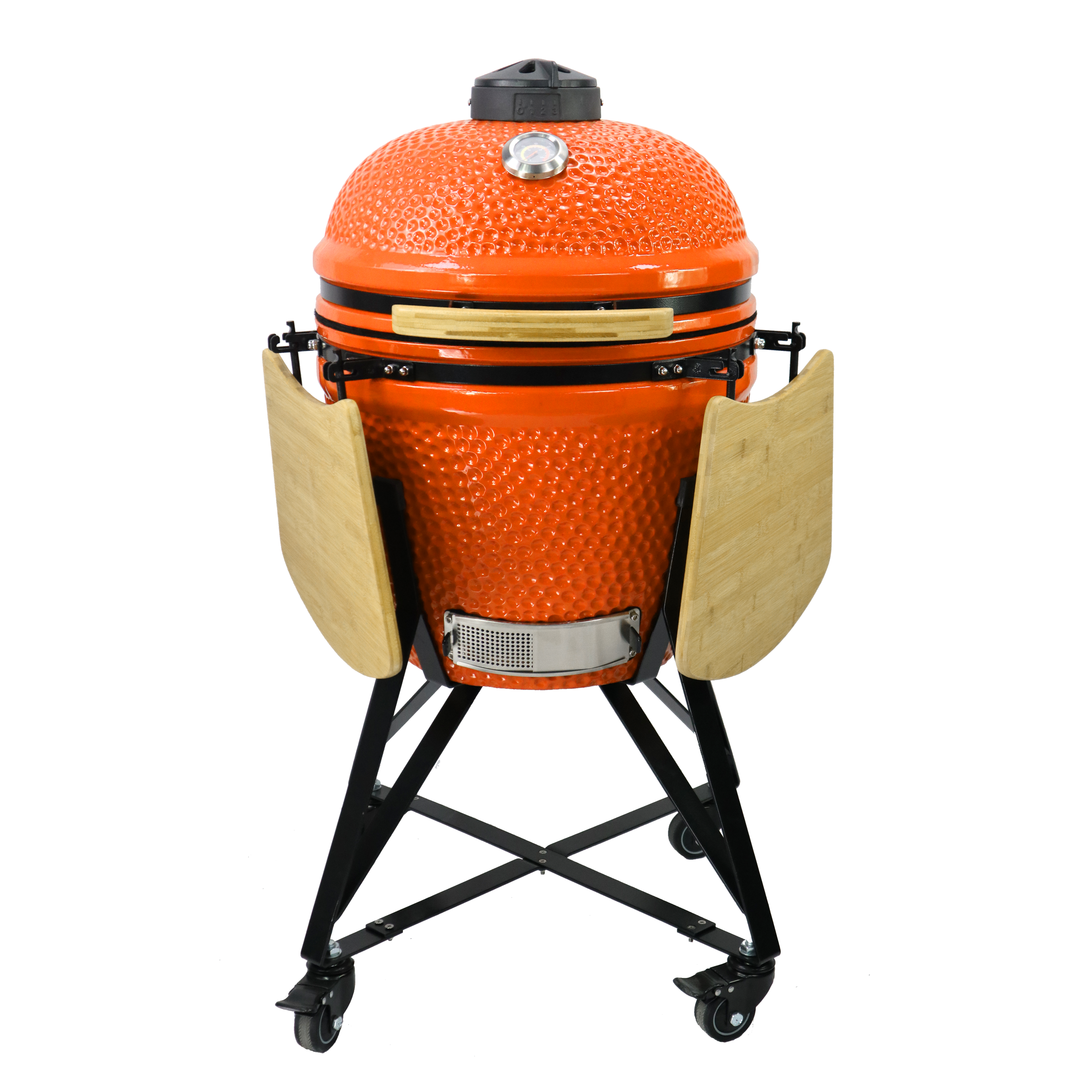 Kamado grill orange 21 pouces fermé avec poignée en bambou et support mobile pour cuisson au charbon