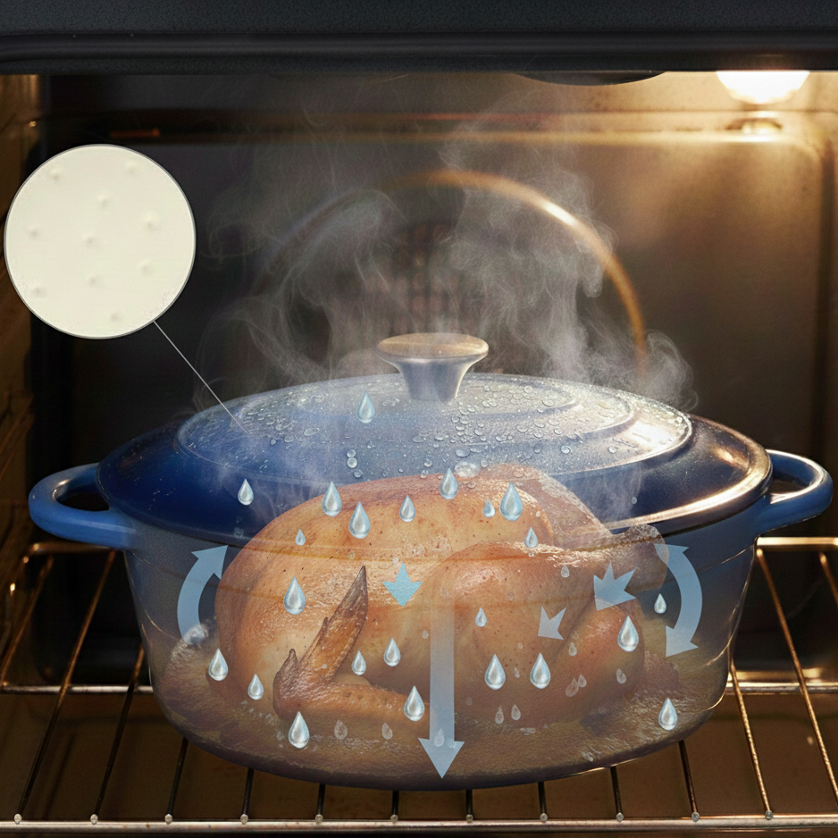 Fonctionnement des picots sur un couvercle de cocotte en fonte émaillée, permettant aux gouttes de condensation de retomber sur la préparation