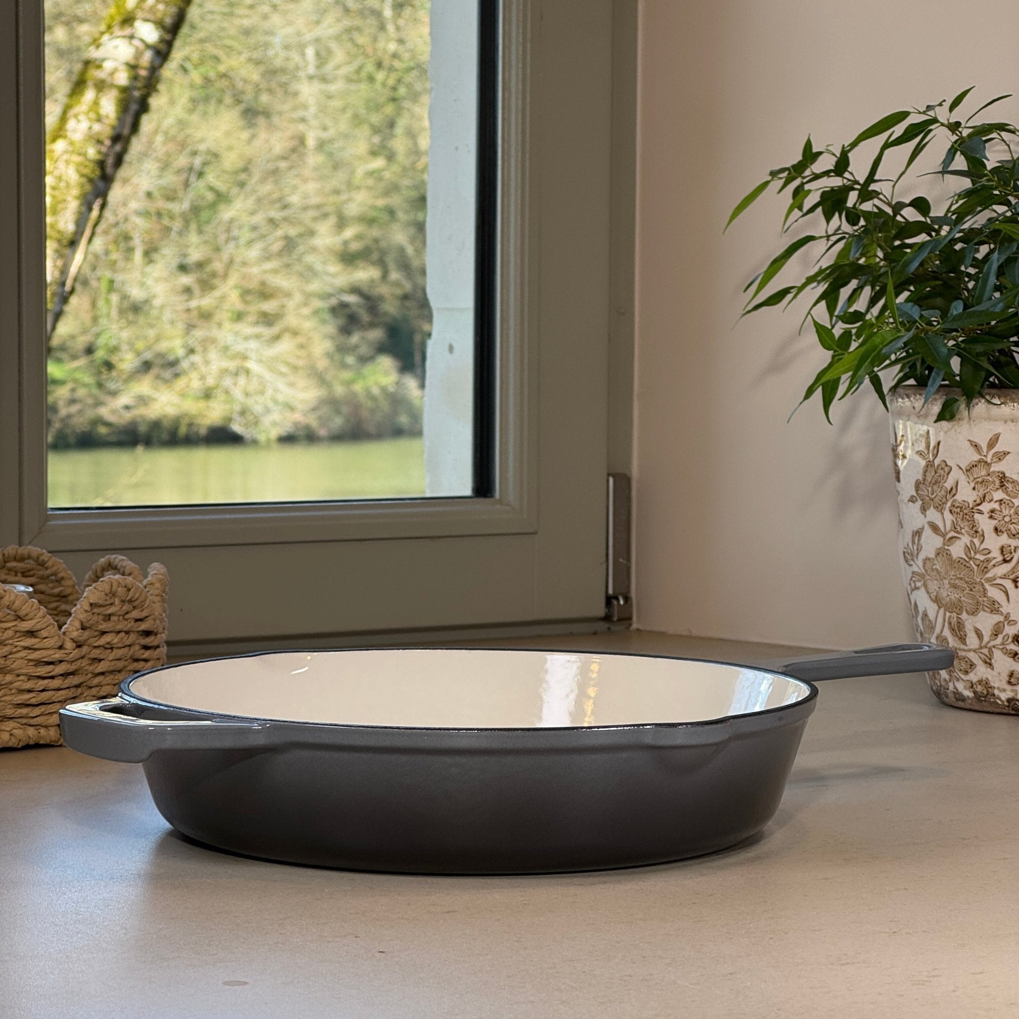 Poêle ronde fonte émaillée avec anse Gris Anthracite