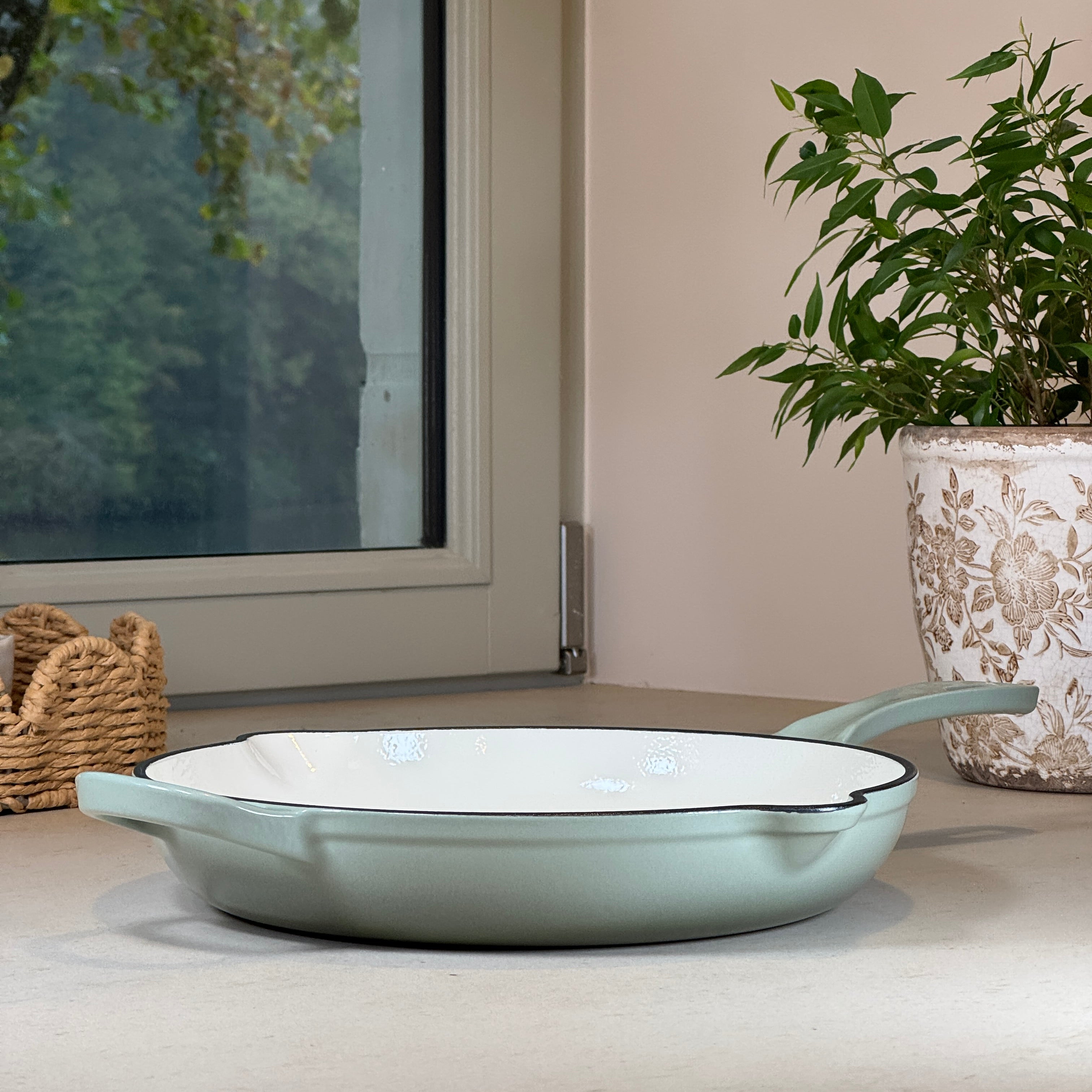 Poêle ronde fonte émaillée avec anse Vert Sauge