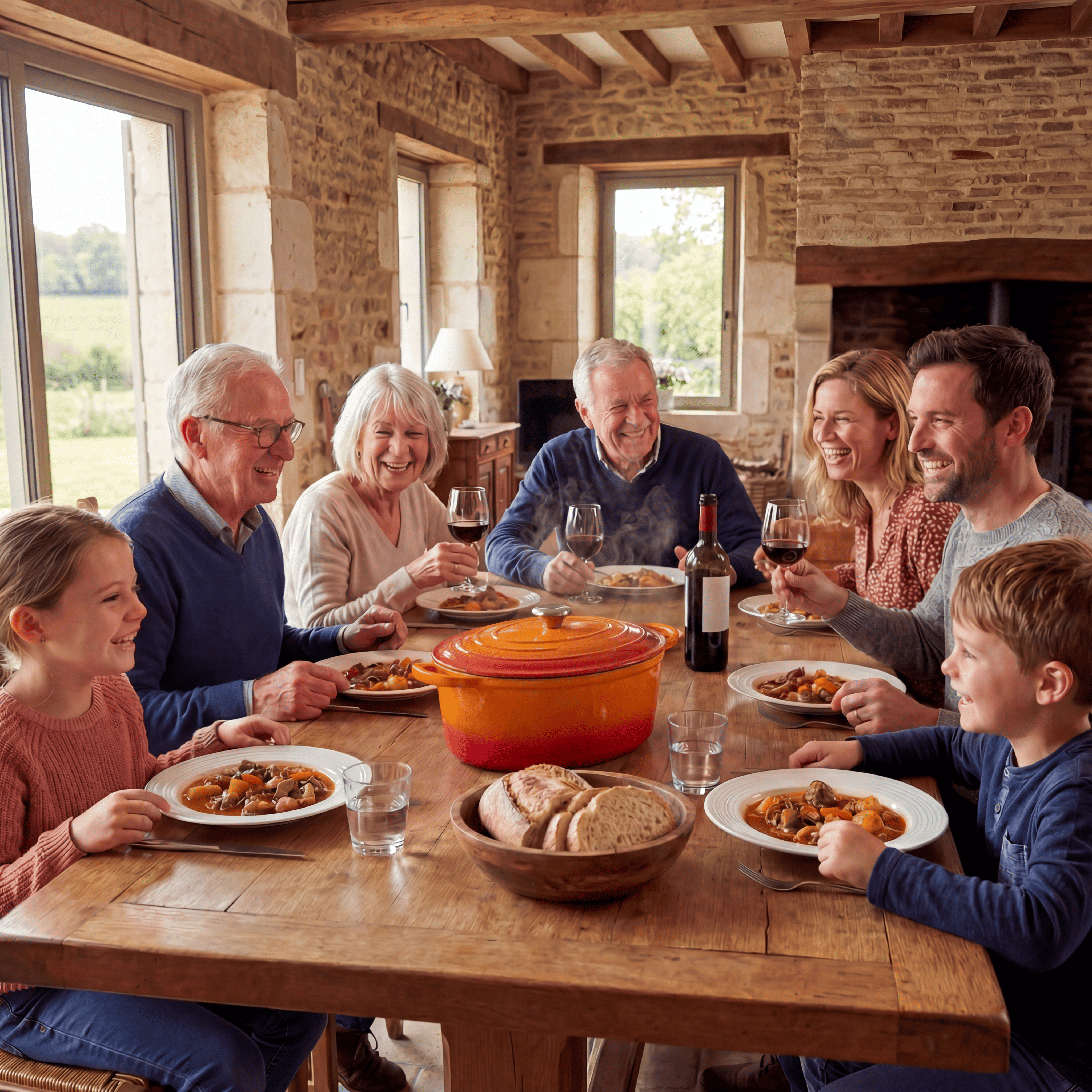 Repas de famille convivial autour d’une cocotte ovale en fonte émaillée orange contenant un bœuf bourguignon mijoté et savoureux