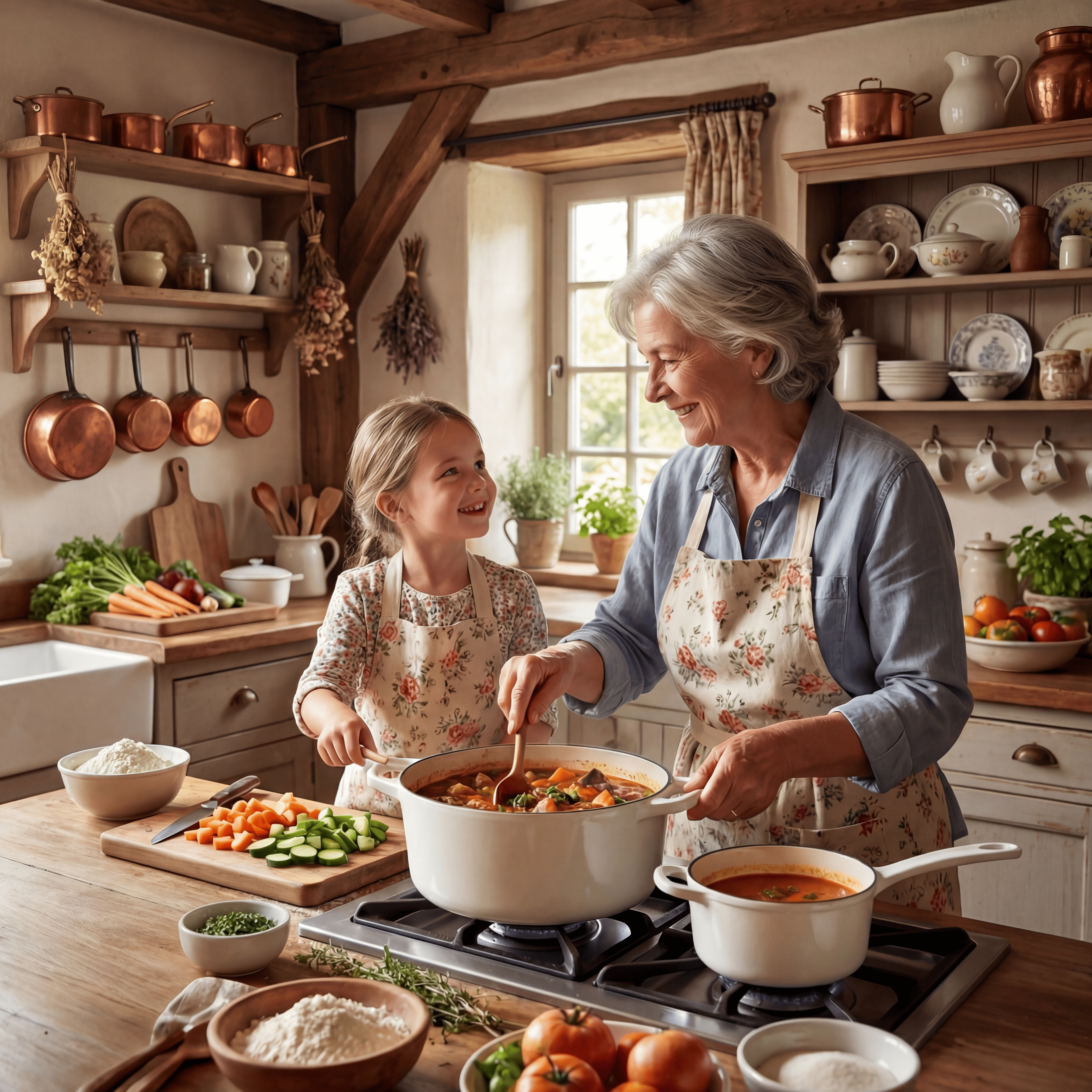 Grand-mère transmettant une recette traditionnelle à sa petite-fille en cuisinant dans une cocotte et une casserole en fonte émaillée